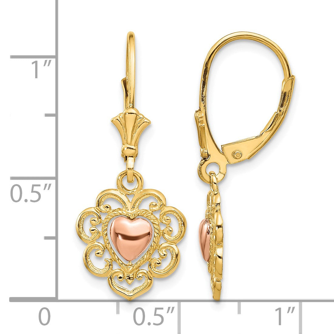 14K Two-tone Heart with Lace Trim Leverback Earrings