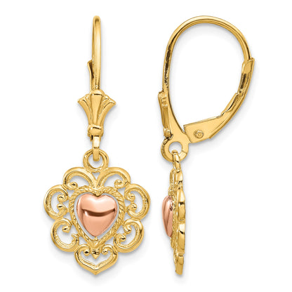 14K Two-tone Heart with Lace Trim Leverback Earrings