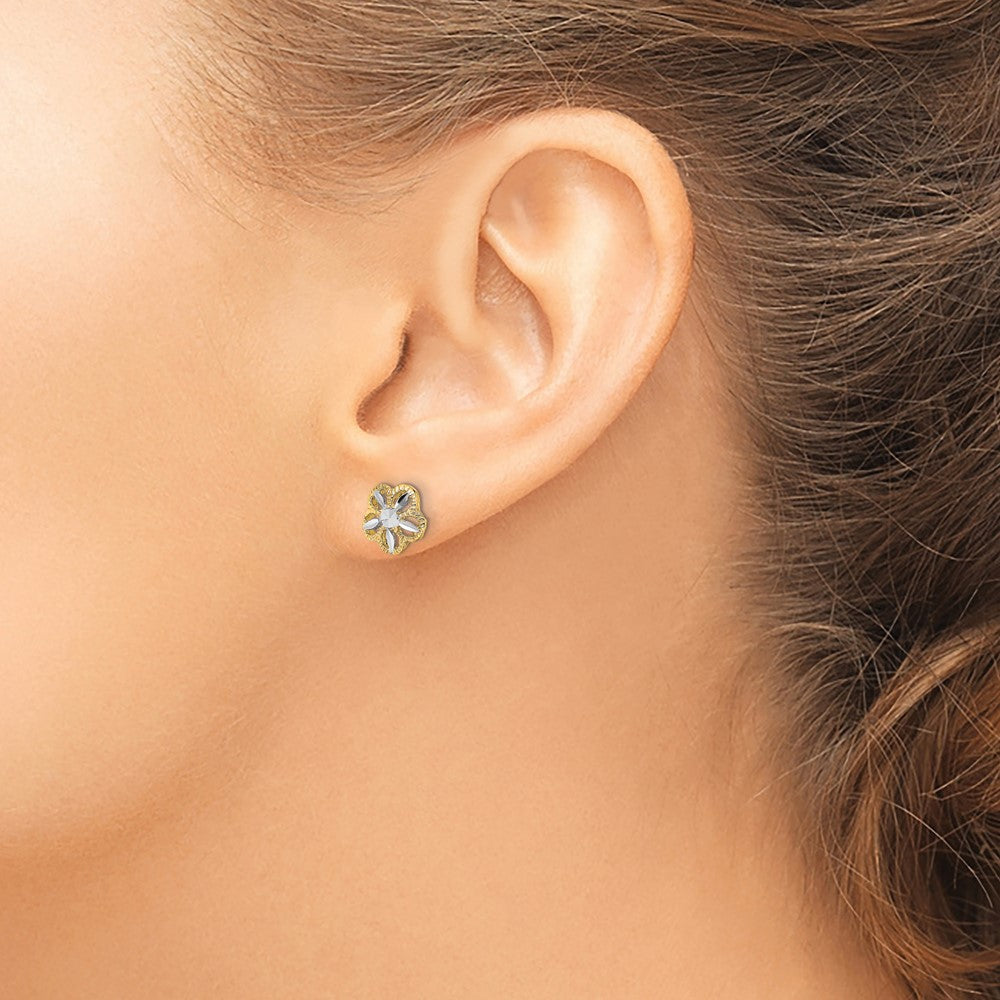 14K w/Rhodium Diamond-cut Flower Post Earrings