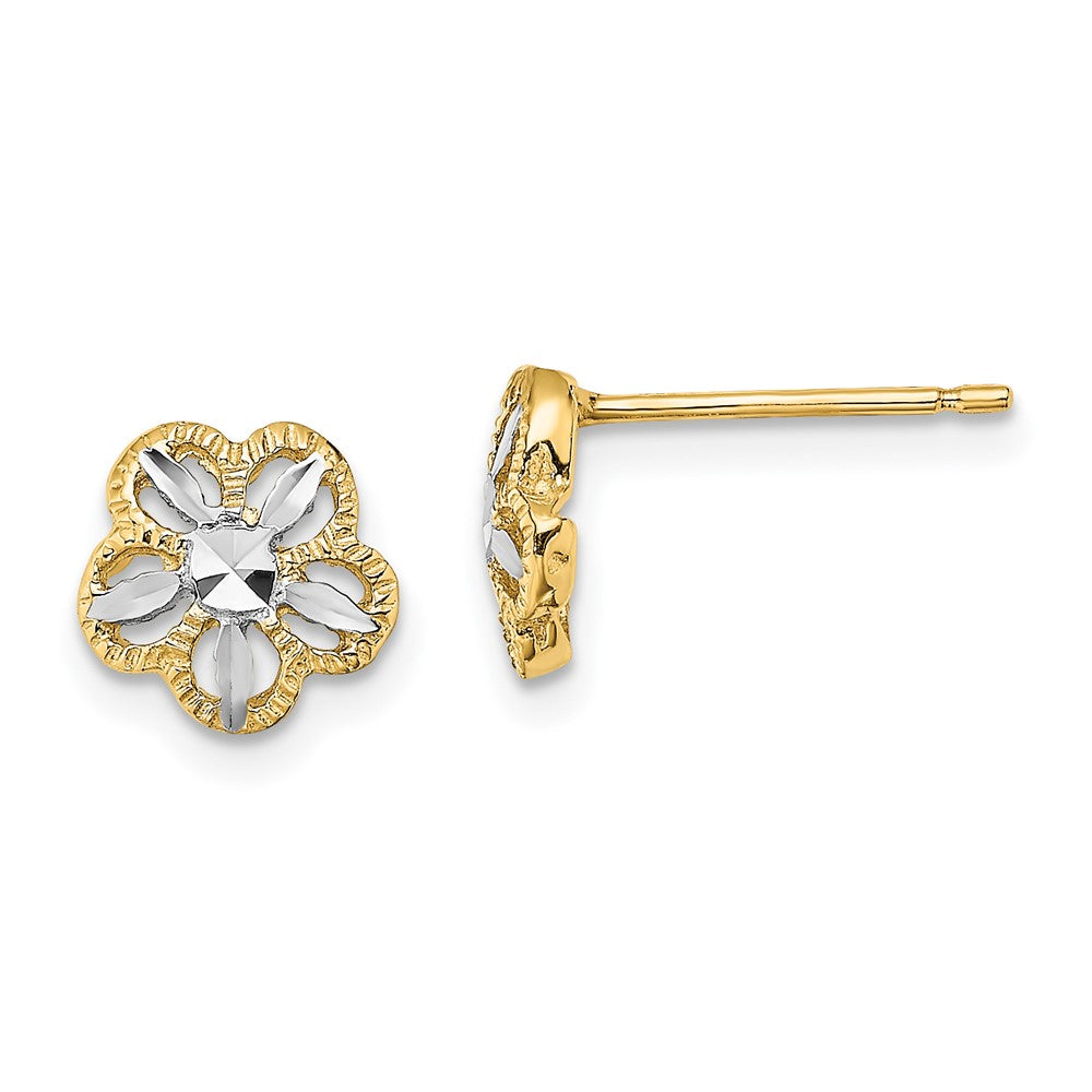 14K w/Rhodium Diamond-cut Flower Post Earrings