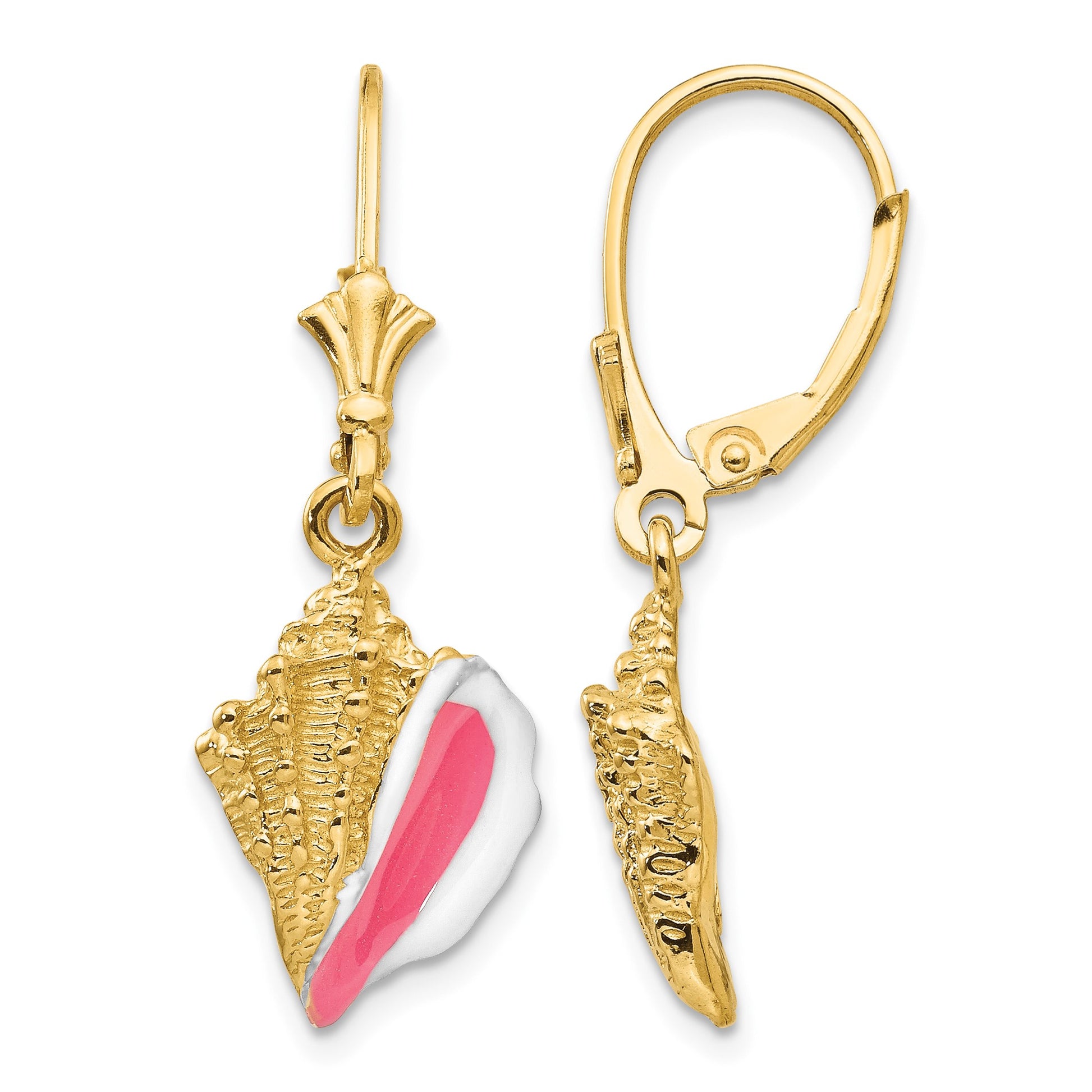 14K Enameled Conch Shell Leverback Earrings
