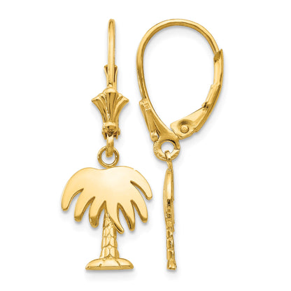14K Polished Palm Tree Dangle Leverback Earrings