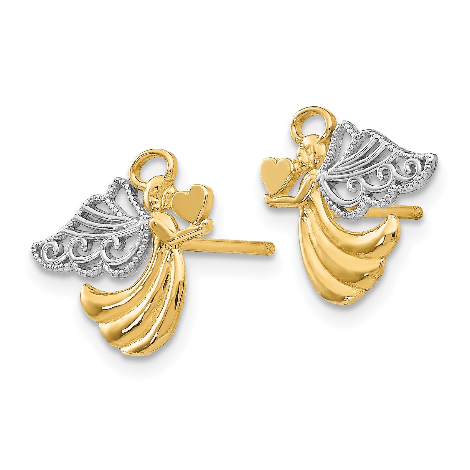 14K and White Rhodium Angel With Heart Post Earrings