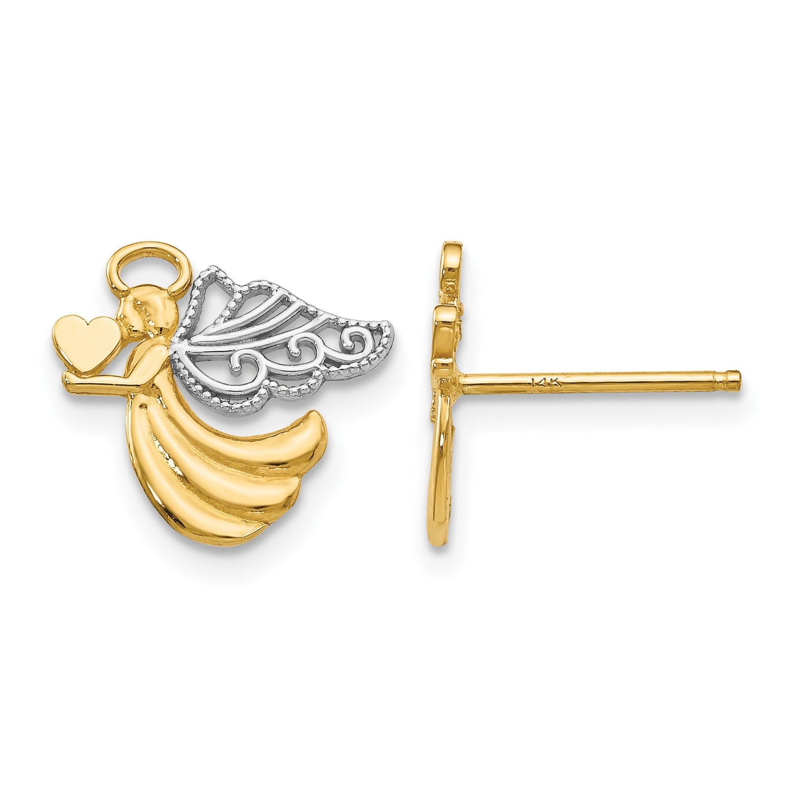 14K and White Rhodium Angel With Heart Post Earrings