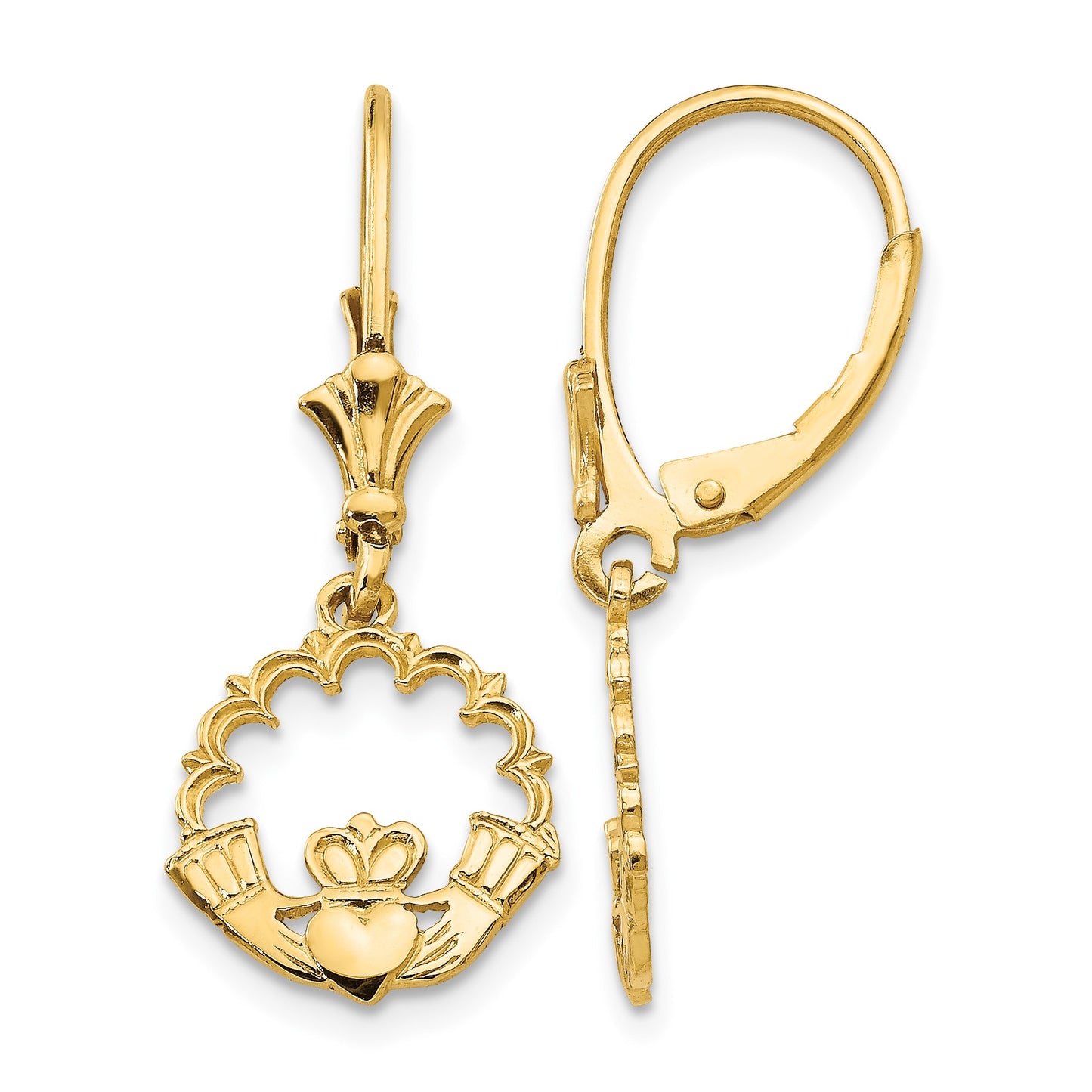 14K Claddagh in Circle Dangle Leverback Earrings