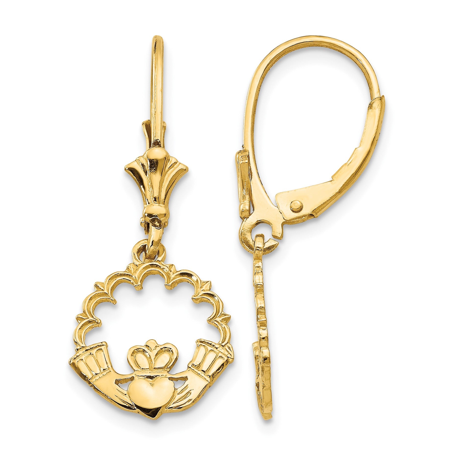 14K Claddagh in Circle Dangle Leverback Earrings