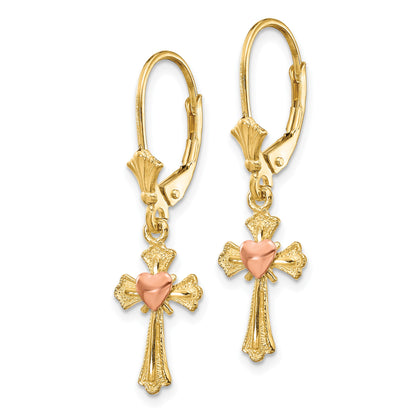 14K Two-tone Heart on Cross Dangle Leverback Earrings