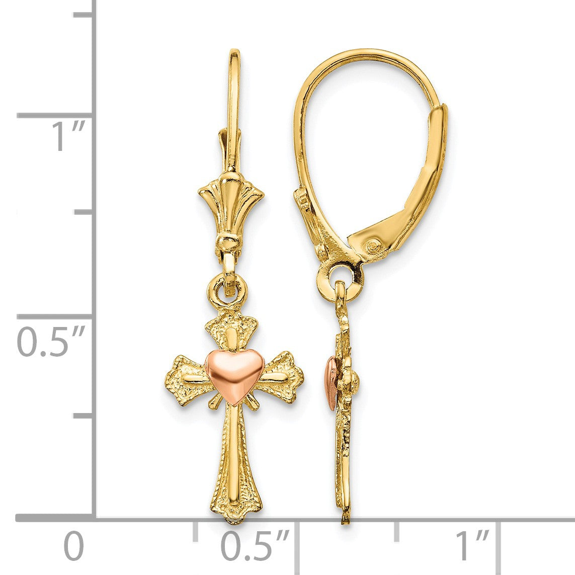 14K Two-tone Heart on Cross Dangle Leverback Earrings