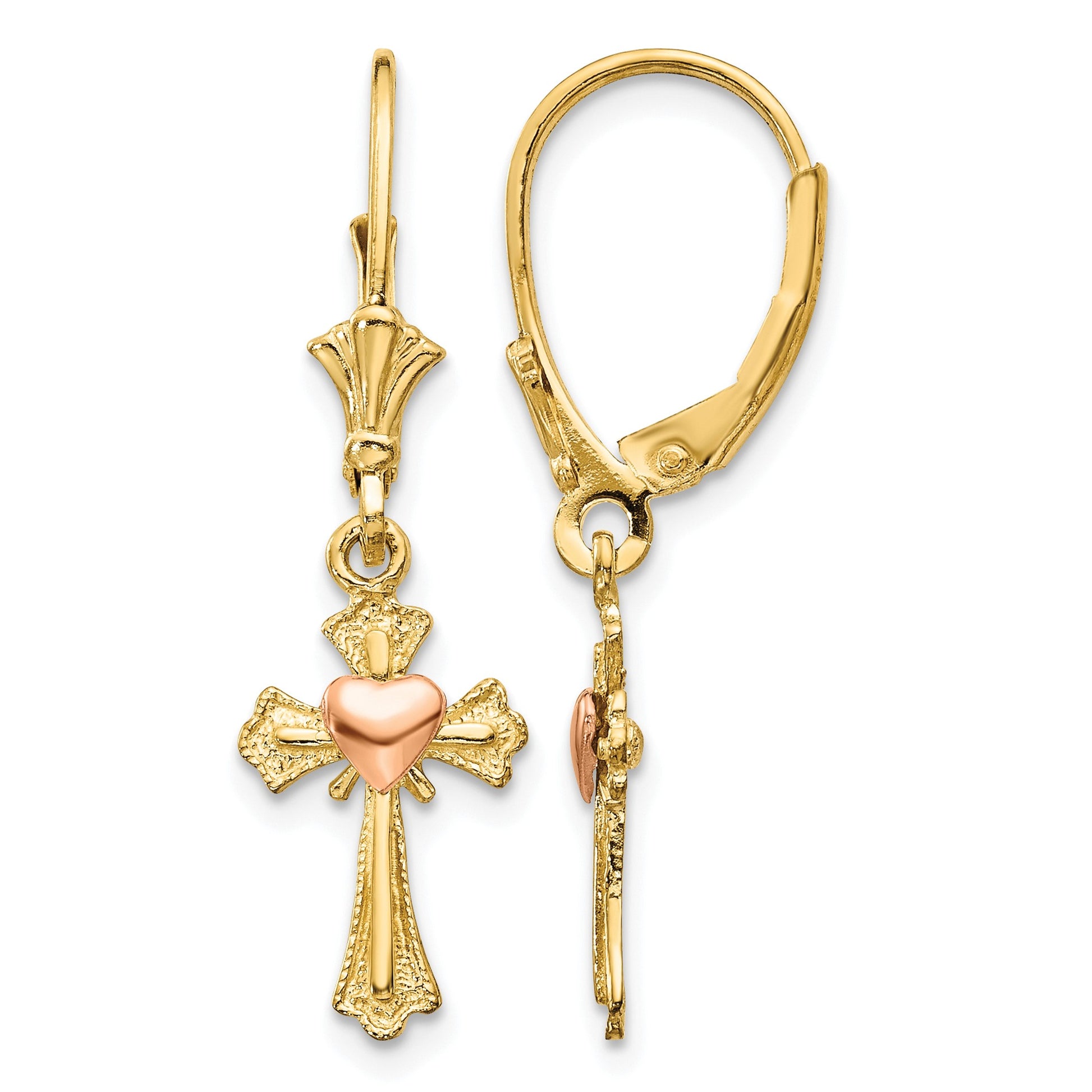 14K Two-tone Heart on Cross Dangle Leverback Earrings