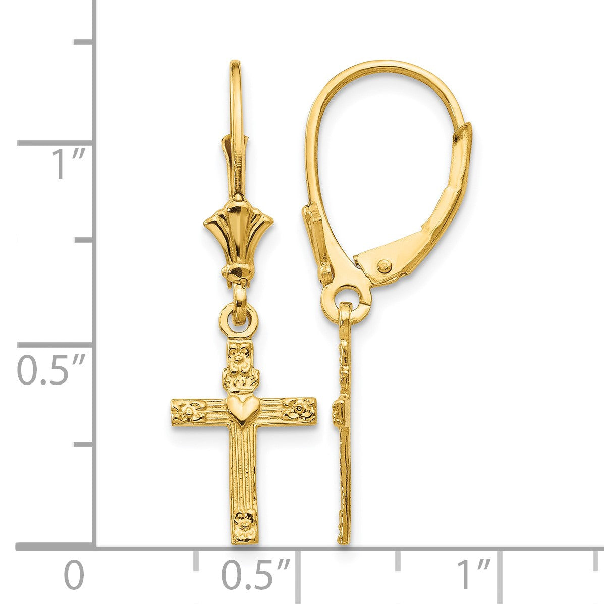 14K Cross with Heart Dangle Leverback Earrings
