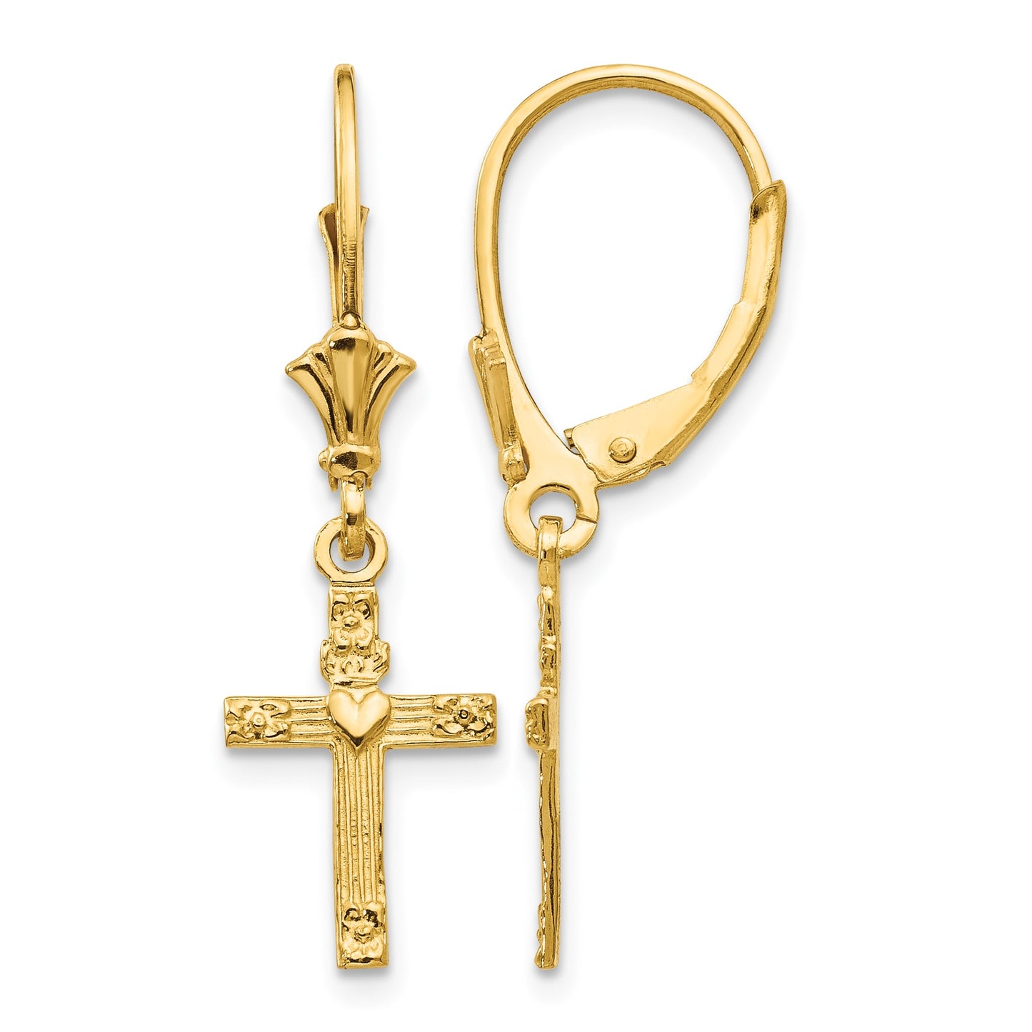 14K Cross with Heart Dangle Leverback Earrings