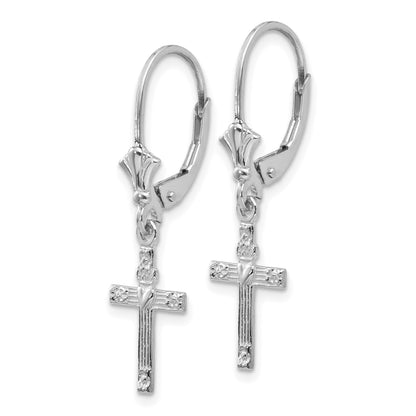 14K White Gold Cross with Heart Dangle Leverback Earrings