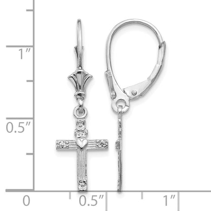 14K White Gold Cross with Heart Dangle Leverback Earrings