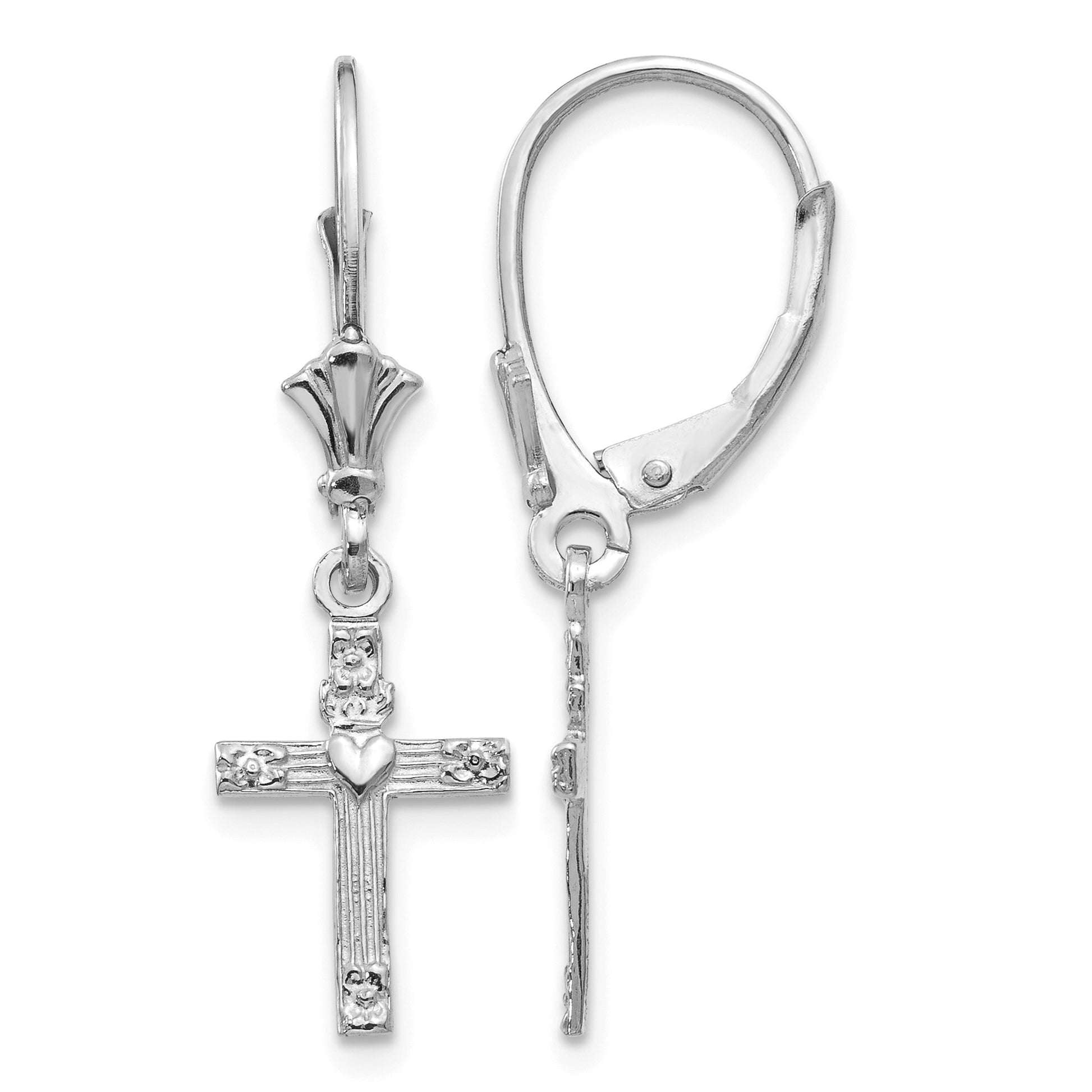 14K White Gold Cross with Heart Dangle Leverback Earrings