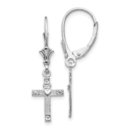 14K White Gold Mini Cross with Heart Leverback Earrings