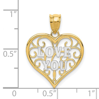 14k and White Rhodium Filigree LOVE YOU Heart Pendant