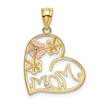 14k Tricolor MOM and Flowers Heart Pendant
