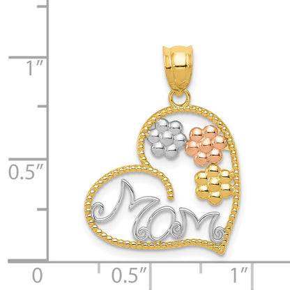 14k Tricolor MOM and Flowers Heart Pendant
