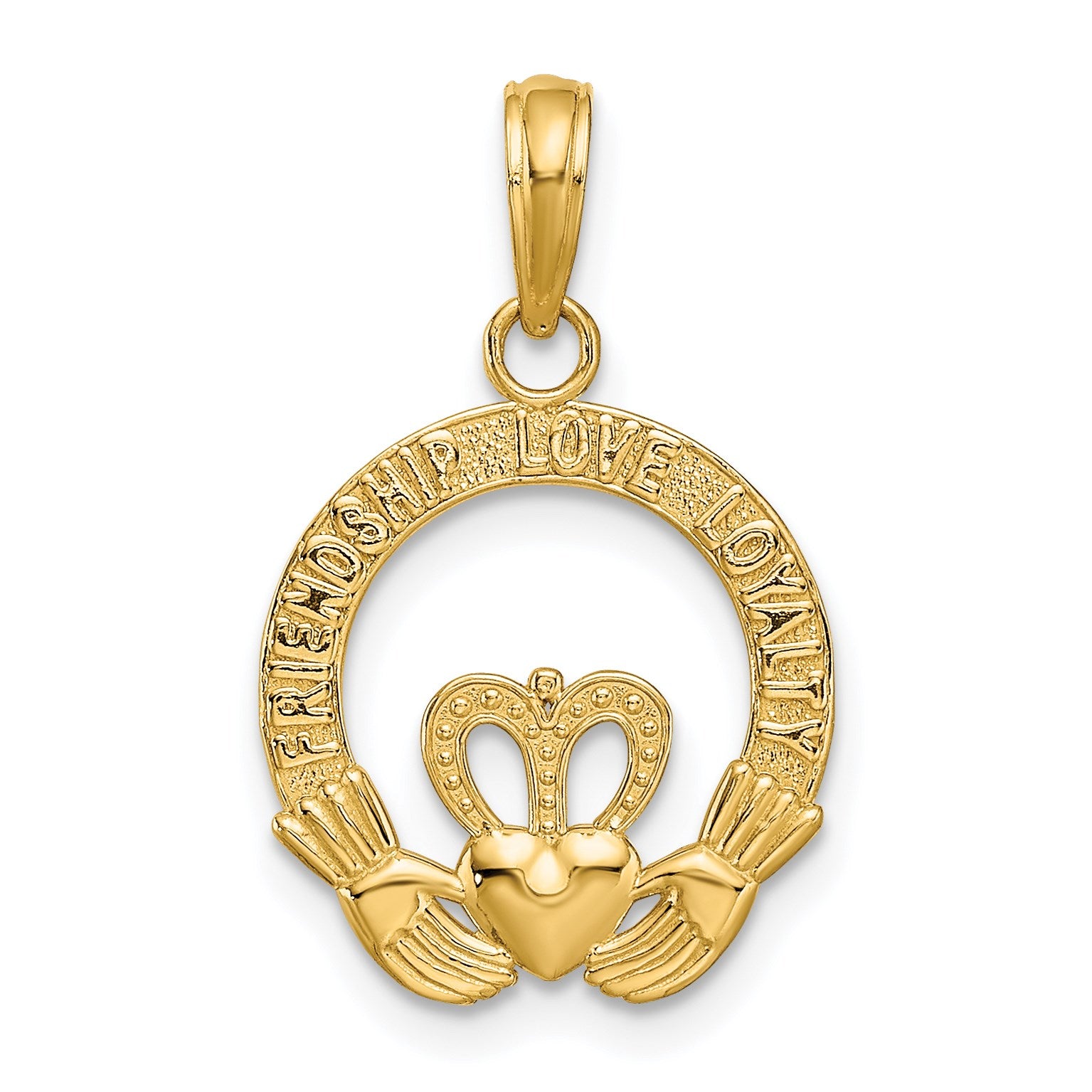 14k Flat-Backed FRIENDSHIP LOVE LOYALTY Claddagh Pendant