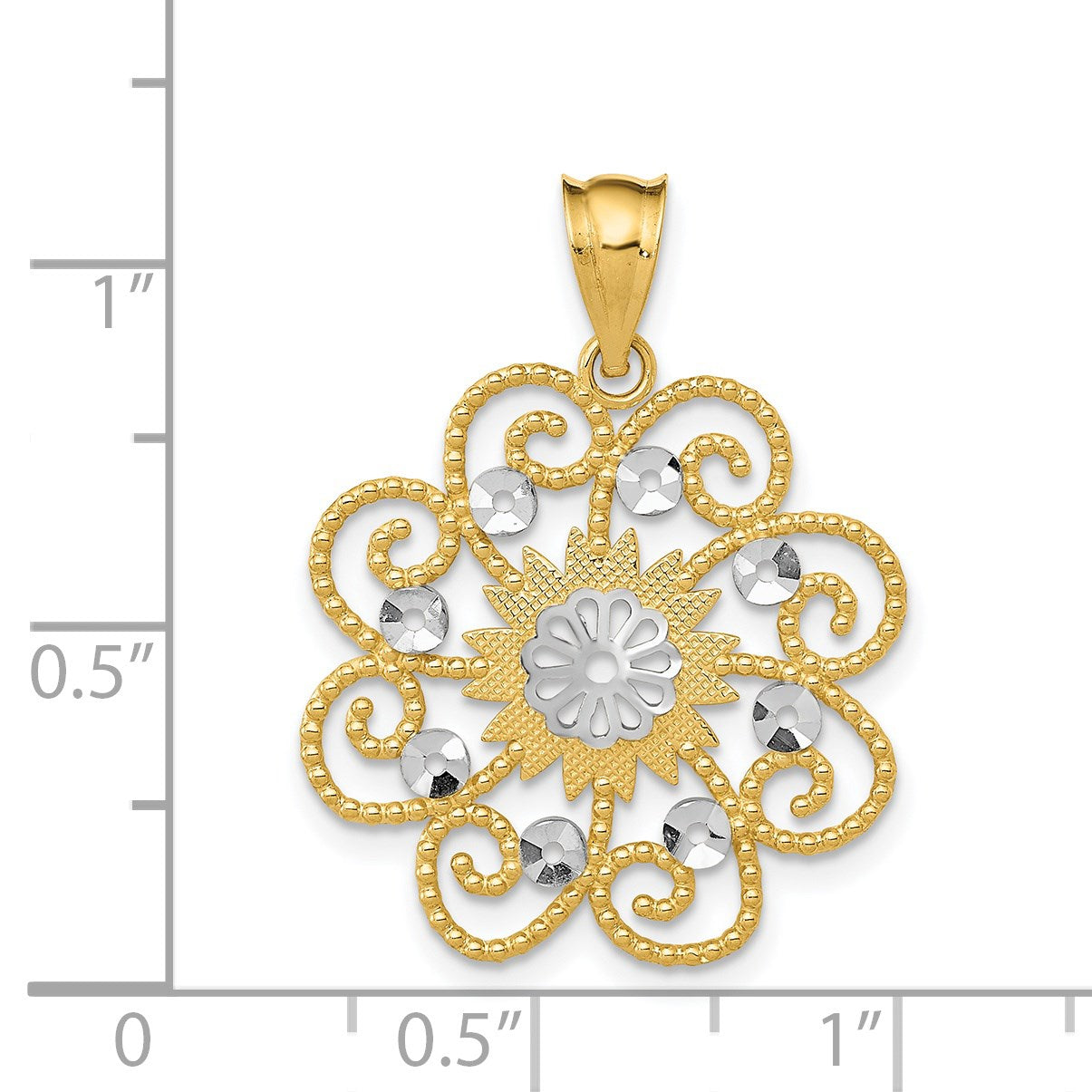 14k and White Rhodium Diamond-cut Swirl Round Pendant