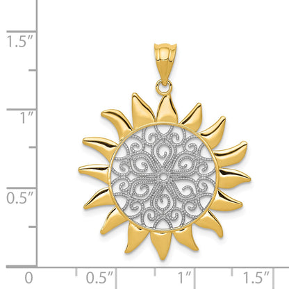 14k and White Rhodium Filigree Sun Pendant