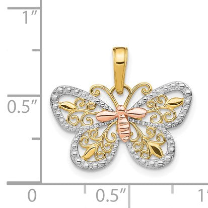 14k Two-tone with White Rhodium Diamond-cut Butterfly Pendant