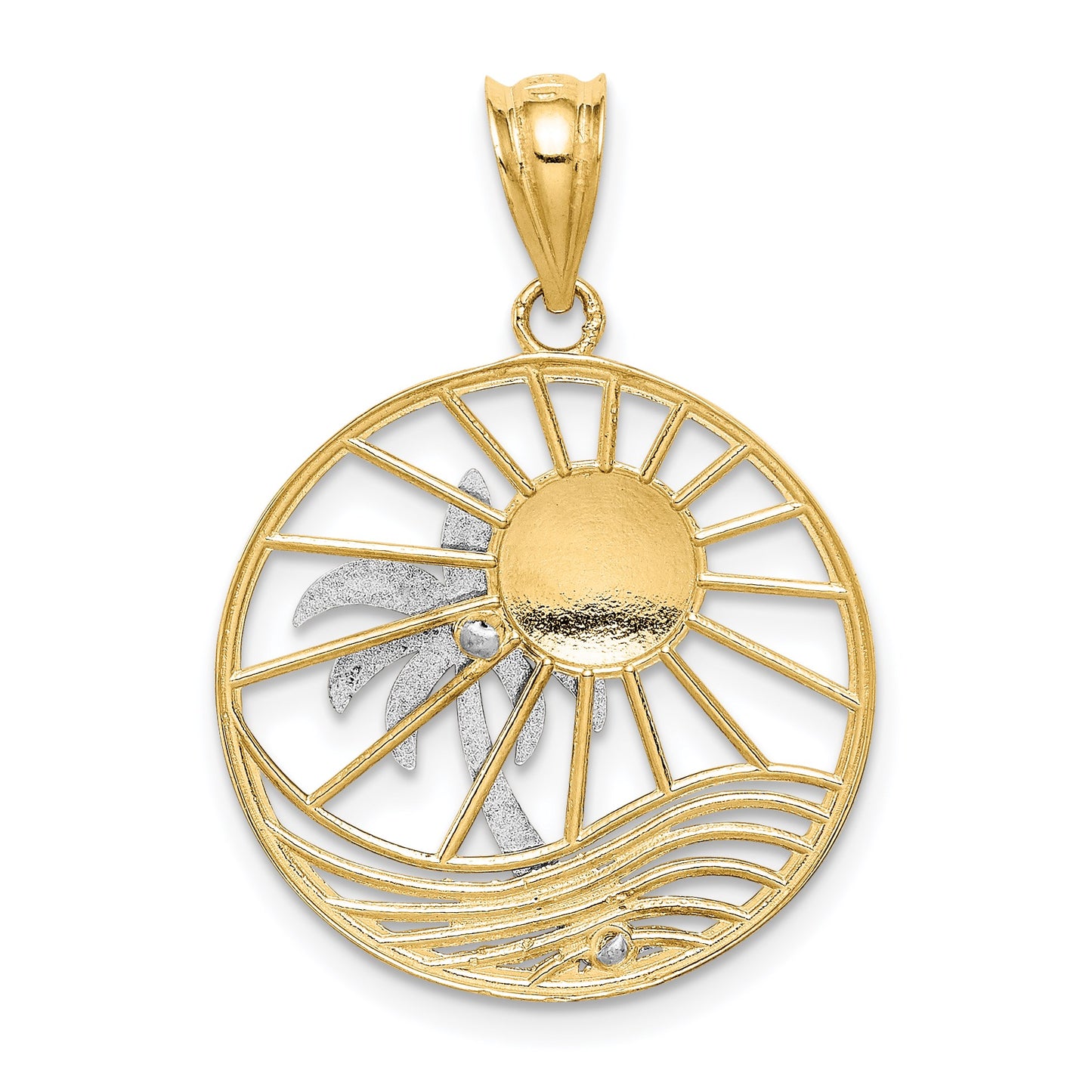 14K Two-tone Sun and Palm Tree in Circle Pendant