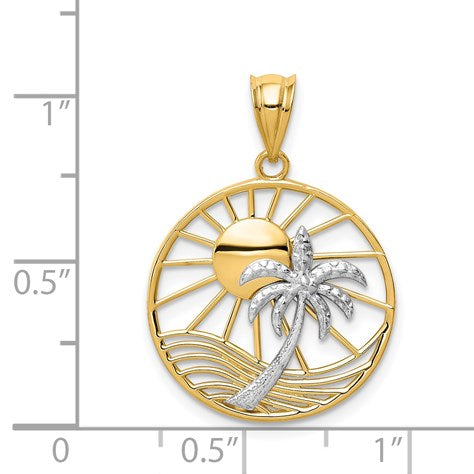14K Two-tone Sun and Palm Tree in Circle Pendant