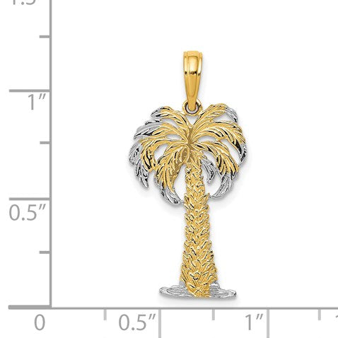 14K and White Rhodium Polished And Textured Palm Tree Pendant
