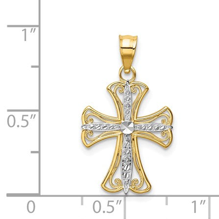 14k and White Rhodium Diamond-cut Cross Pendant