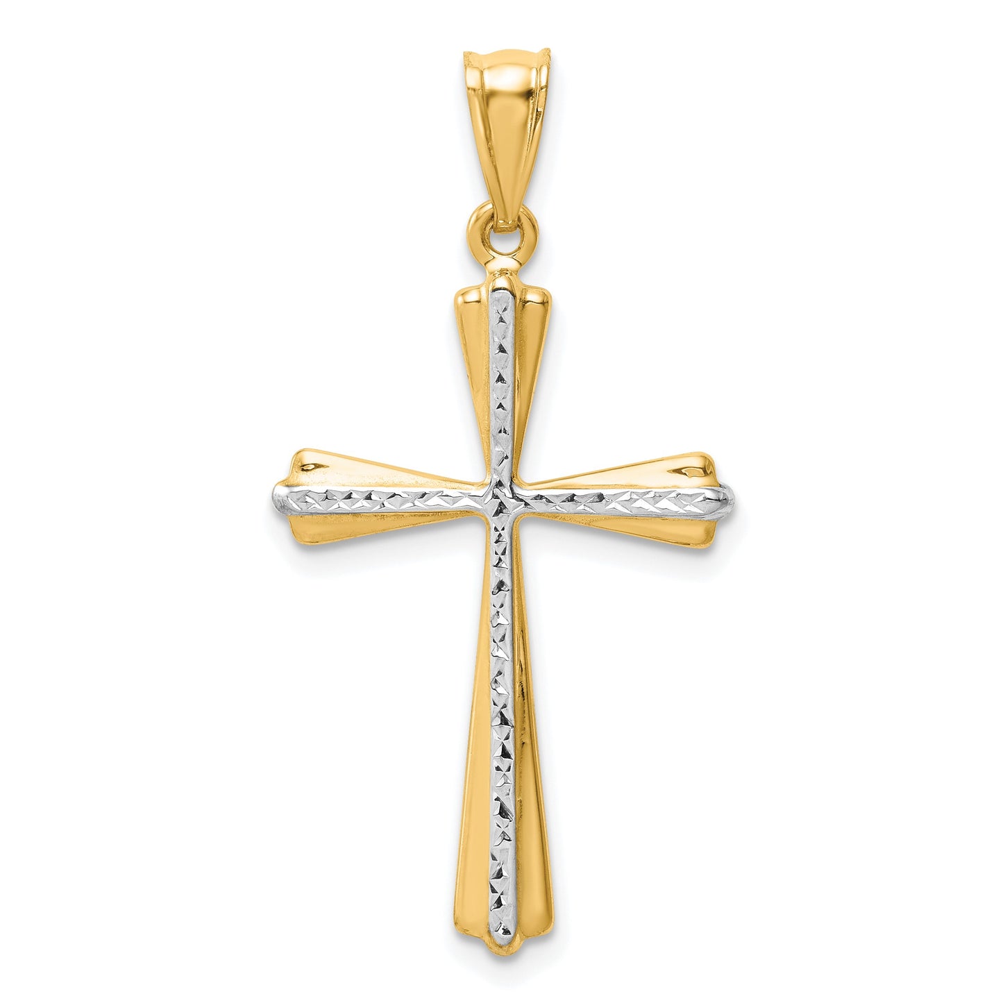 14k and White Rhodium Diamond Cut Cross Pendant