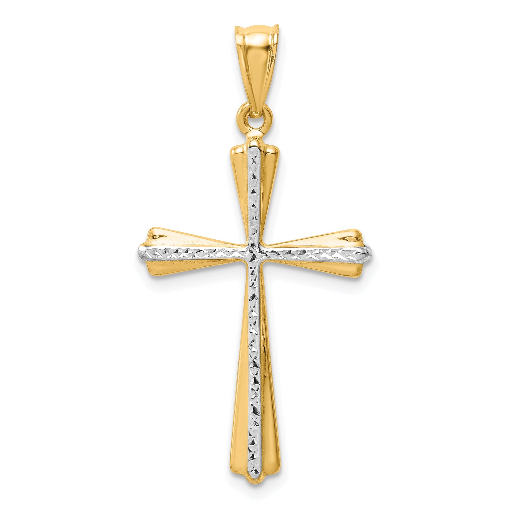 14k and White Rhodium Diamond Cut Cross Pendant