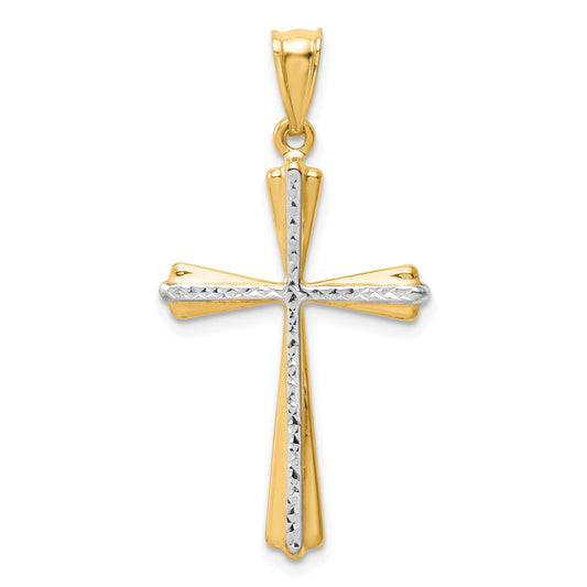 14k and White Rhodium Diamond Cut Cross Pendant