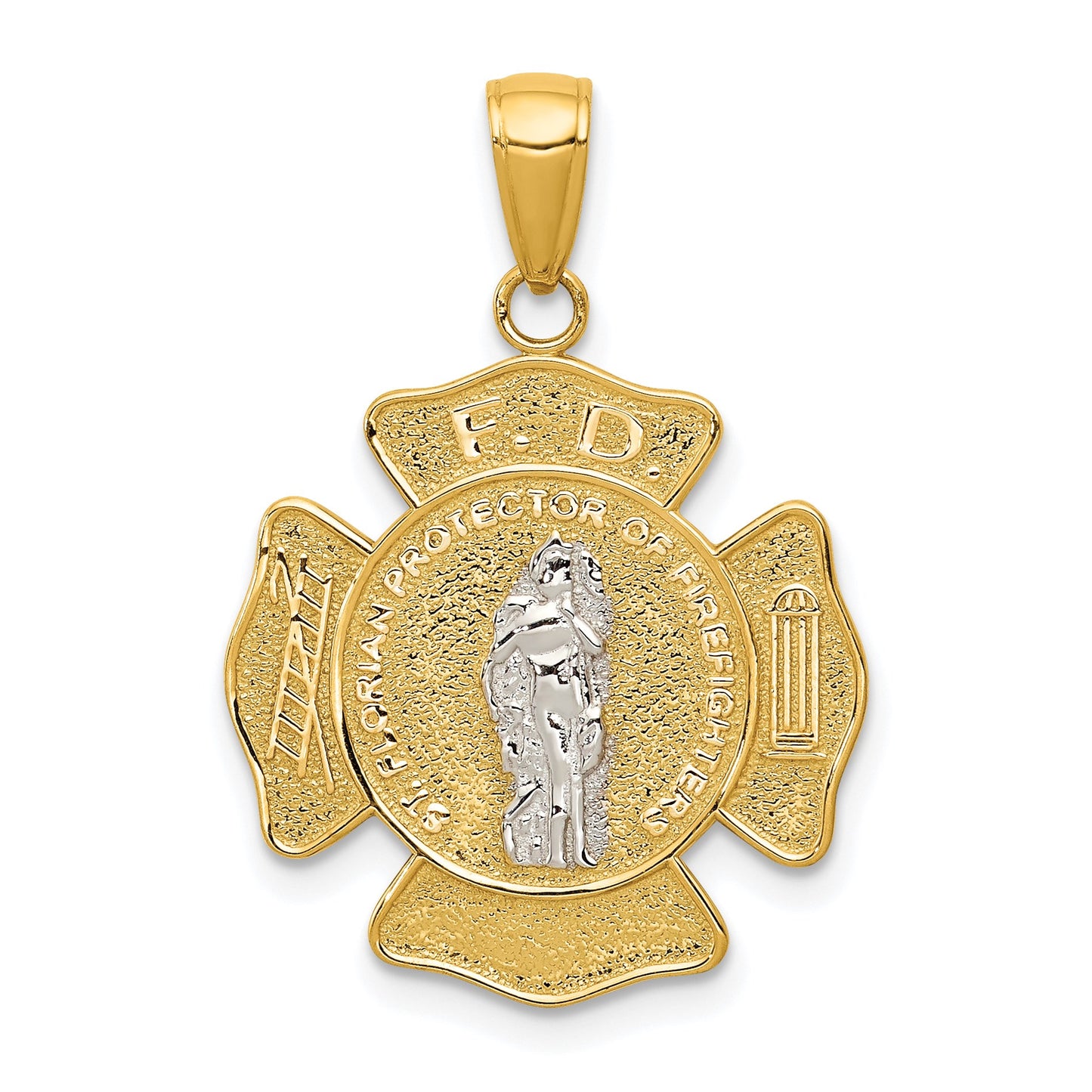 14k Two-tone Polished and Satin Solid Saint Florian Medal Pendant