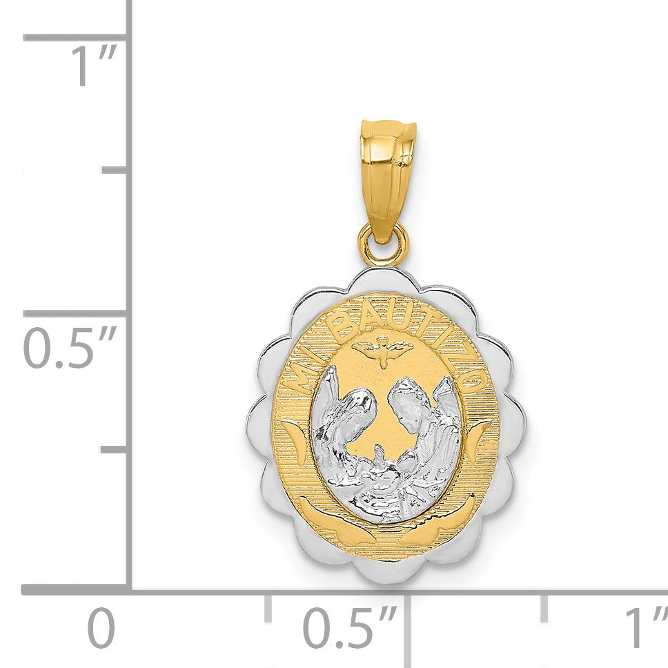 14K Two-tone and White Rhodium Solid Spanish Baptism Mi Bautizo Oval Pendant