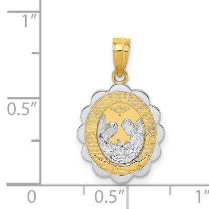 14K Two-tone and White Rhodium Solid Spanish Baptism Mi Bautizo Oval Pendant