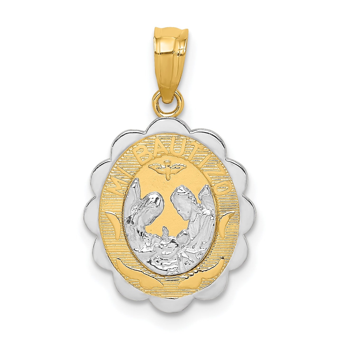 14K Two-tone and White Rhodium Solid Spanish Baptism Mi Bautizo Oval Pendant