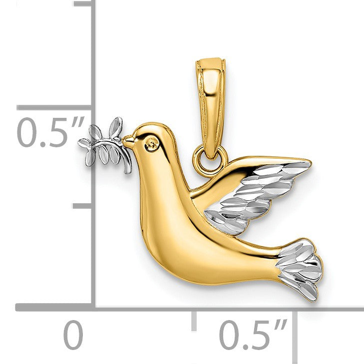 14k and White Rhodium Polished Diamond-cut Dove Charm