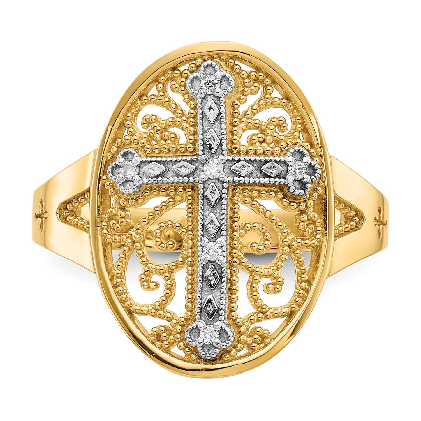 14k Two-tone Diamond Cross in Filigree Oval Ring