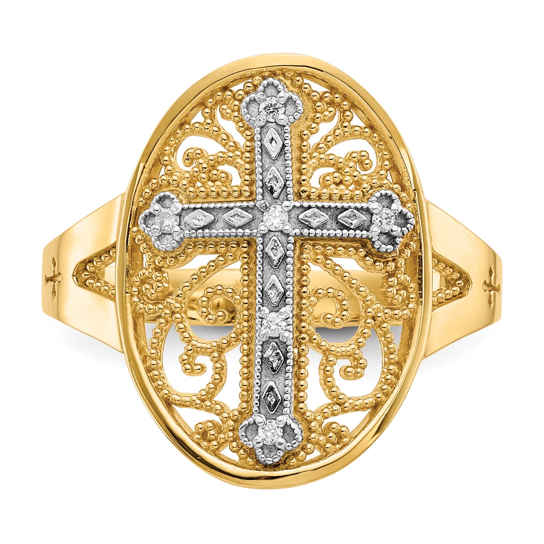 14k Two-tone Diamond Cross in Filigree Oval Ring