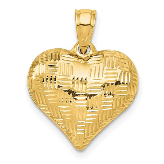 14K Polished Basket Weave Pattern 3-D Heart Pendant