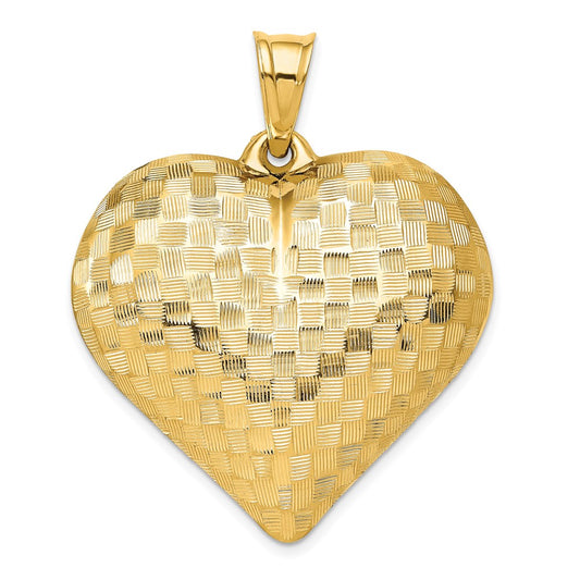 14K Polished Basket Weave Pattern 3-D Heart Pendant