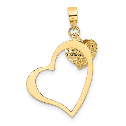 14K Polished and Diamond-cut Open and Puffed 3-D Heart Pendant
