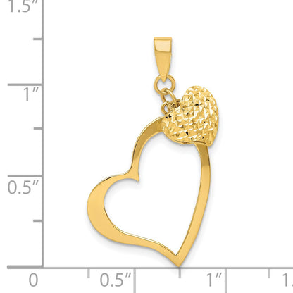 14K Polished and Diamond-cut Open and Puffed 3-D Heart Pendant