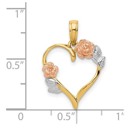 14K Two-tone and White Rhodium Polished Flower Heart Pendant