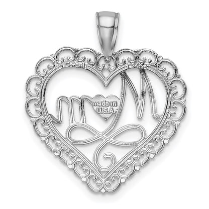 14K White Gold Polished MOM Scalloped Heart Pendant
