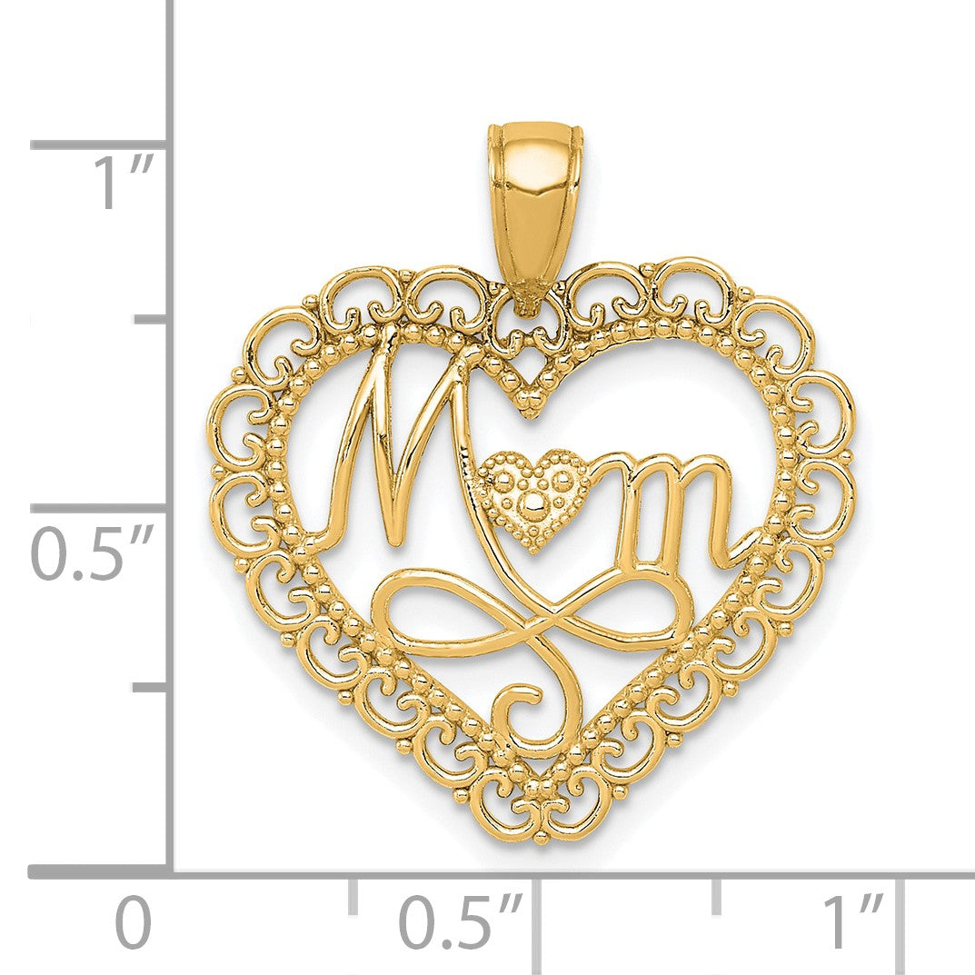 14K Polished MOM Scalloped Heart Pendant