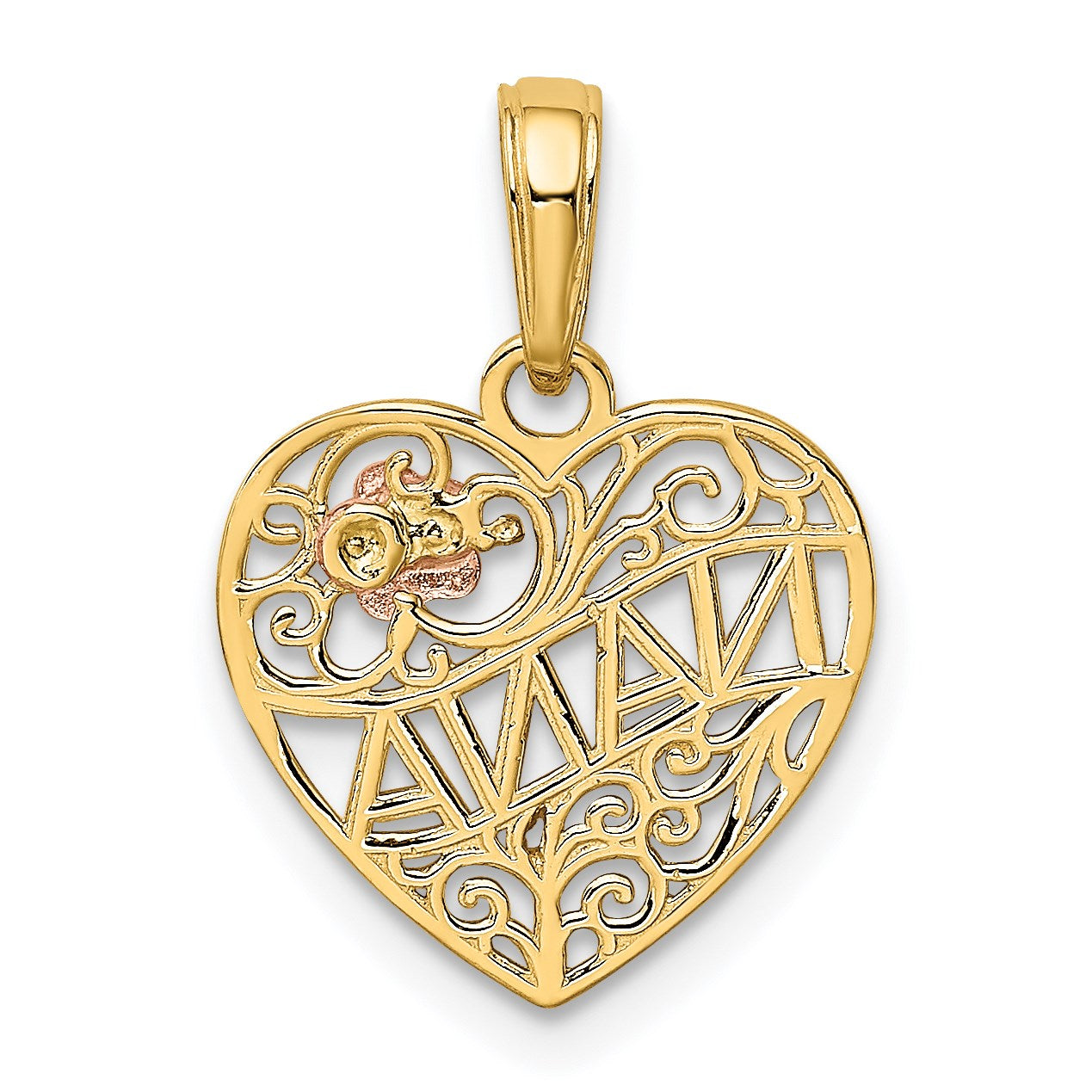 14K Two-tone Polished NANA with Flower on Heart Pendant