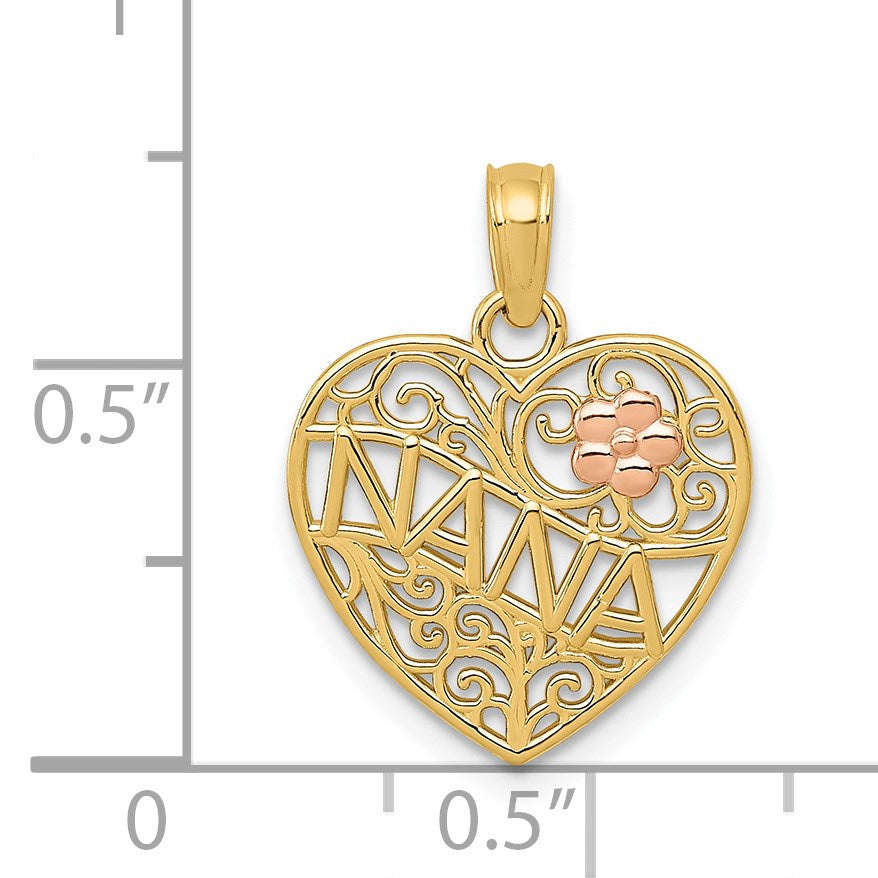 14K Two-tone Polished NANA with Flower on Heart Pendant
