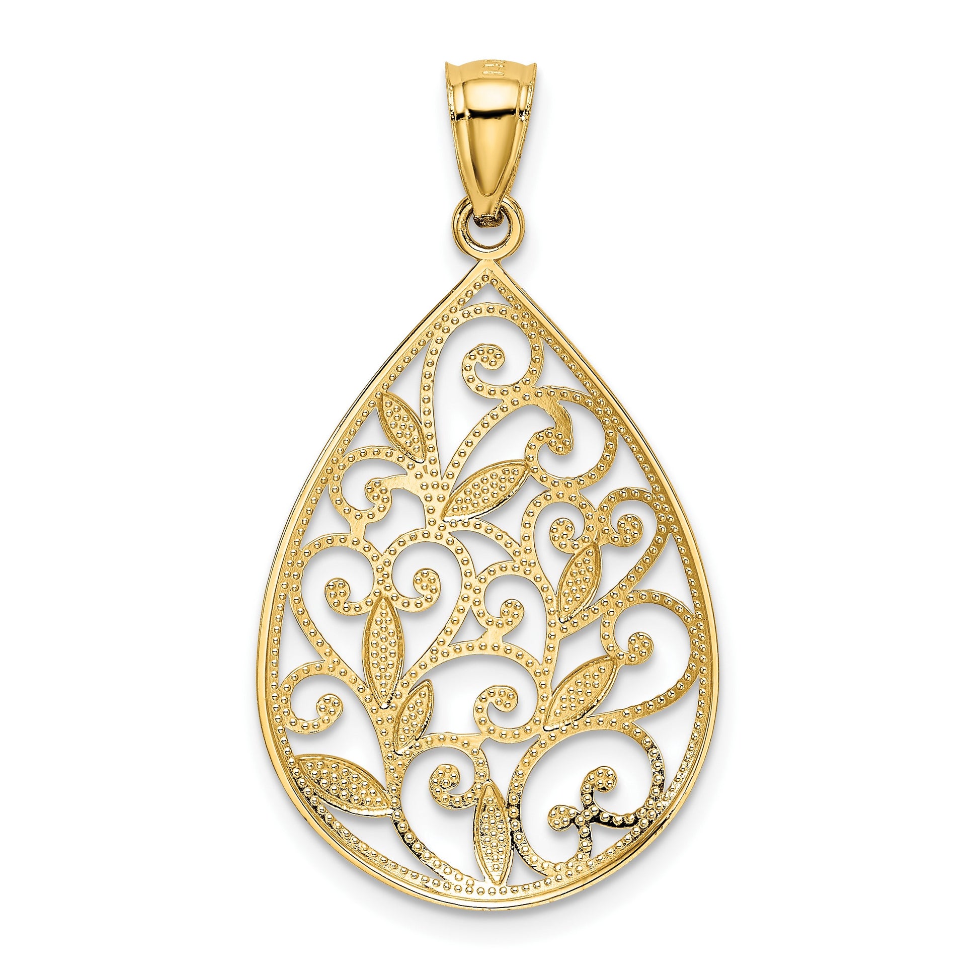 14K Polished and Textured Filigree Teardrop Pendant